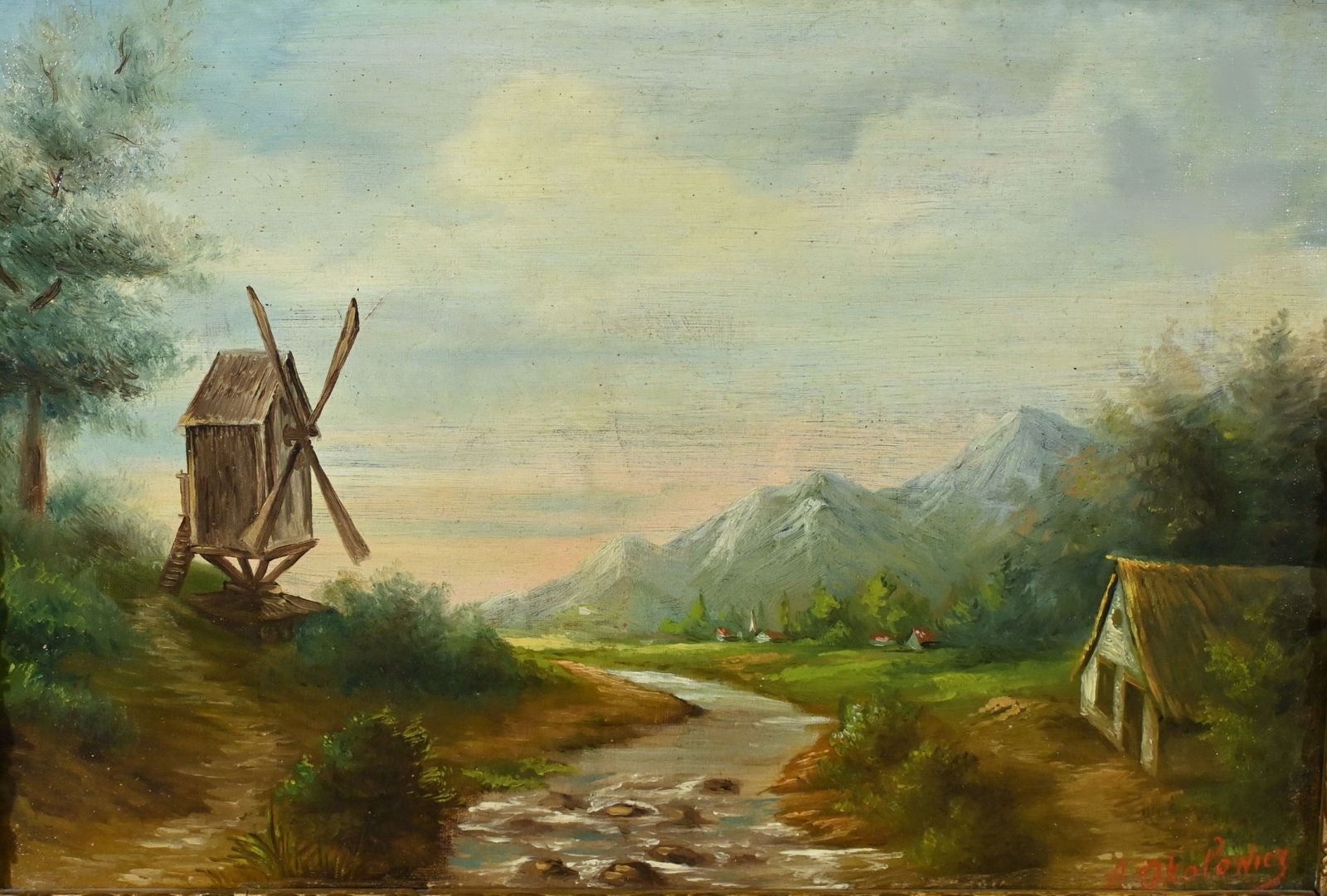 Oil On Canvas “The Mill” By N. Okolowicz – Early 20th Century photo Art