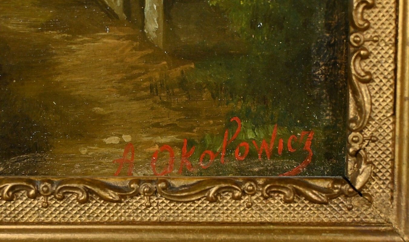 photo furniture Oil On Canvas “The Mill” By N. Okolowicz – Early 20th Century