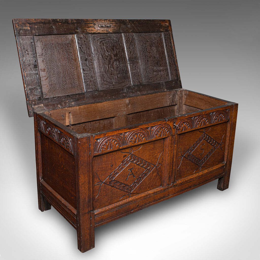 Antique Carved Coffer, English, Oak, Linen Chest, Window Seat, William III, 1700 photo furniture