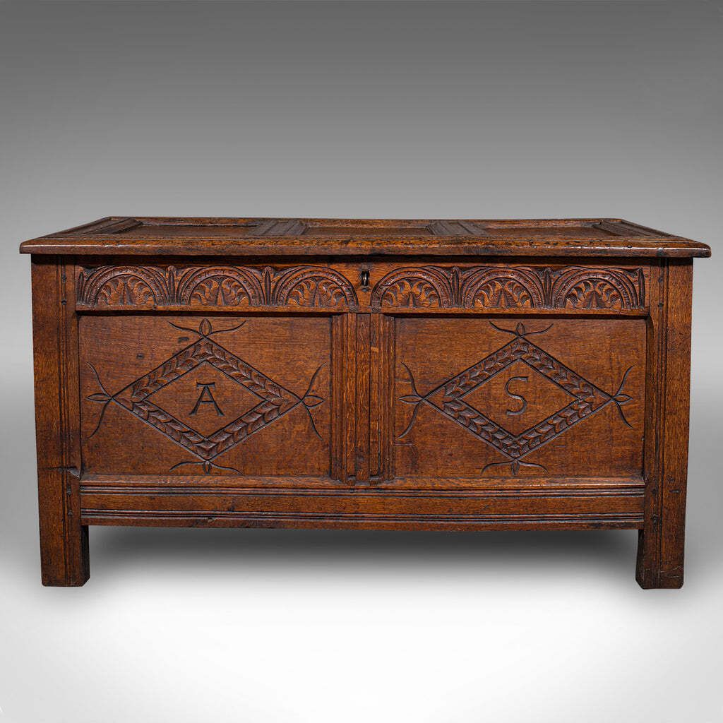 Antique Carved Coffer, English, Oak, Linen Chest, Window Seat, William III, 1700 photo for sale
