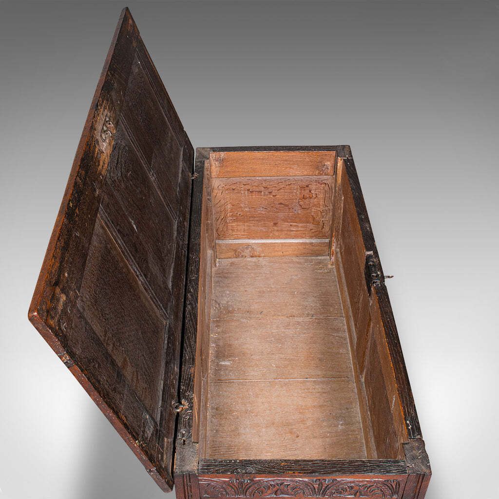Antique Carved Coffer, English, Oak, Linen Chest, Window Seat, William III, 1700 photo vintage