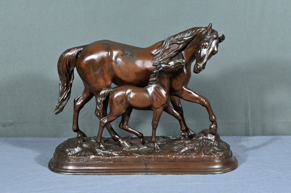 Horse And Its Foal In Spelter, Signed E.Loiseau – Early 20th Century