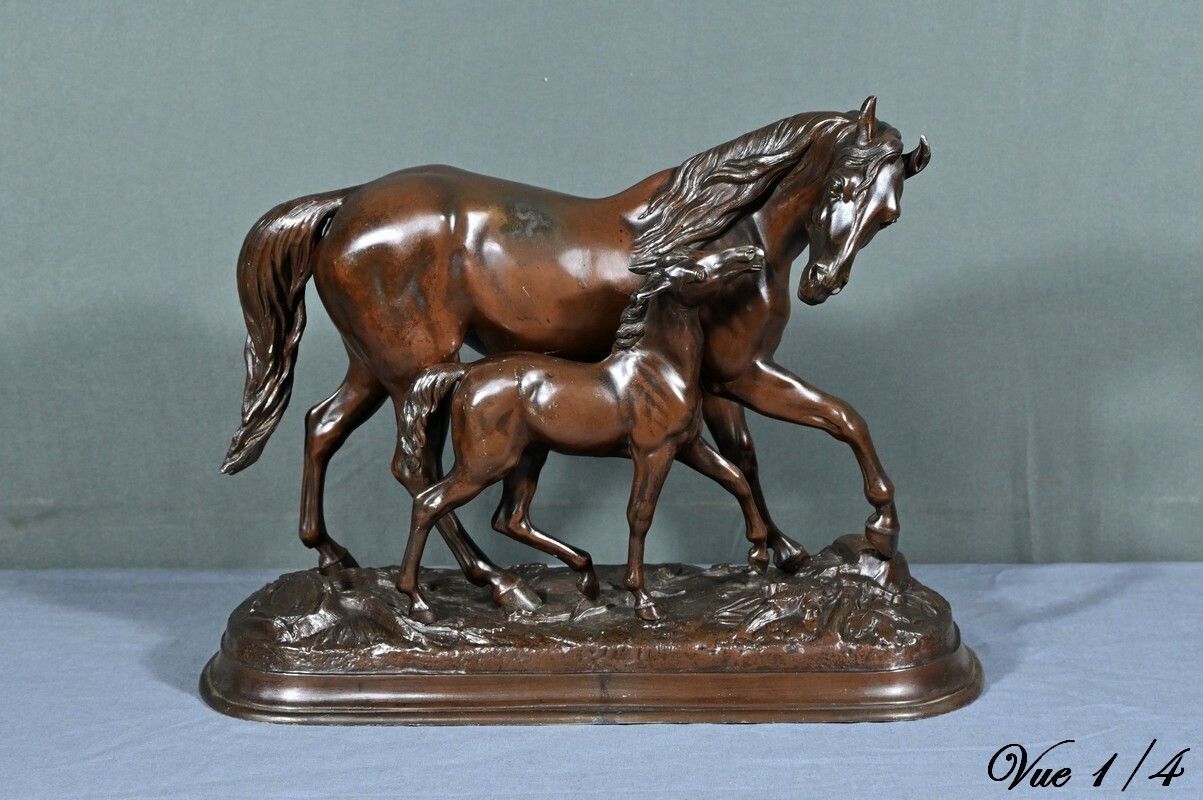 Horse And Its Foal In Spelter, Signed E.Loiseau – Early 20th Century photo 850.0