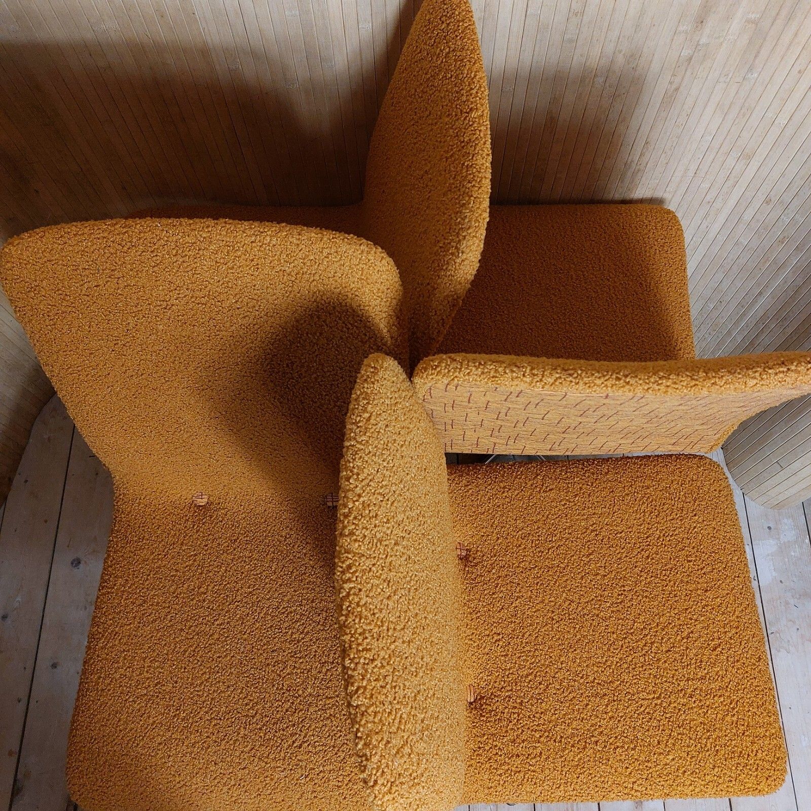 photo for sale Fab Set Of 4 Vintage 1970s Swivel Chrome Dining Chairs Light Orange Micro Boucle