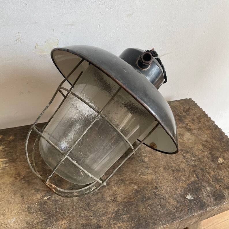 Large Vintage Bulkhead, Loft, Factory, Industrial Light Fixture. Heavy Cast Shatter Proof Kitchen Lighting Statement Piece photo for sale