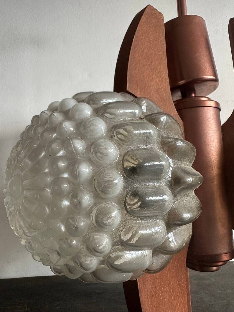 Sputnik Mid Century Teak Pendant Lamp With Glass Shades, Brass Coloured Fitting. C1960s German. Designer Lighting 3 Bulb photo for sale