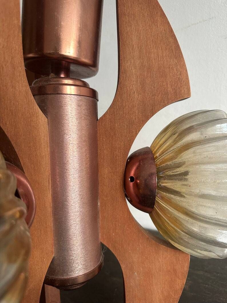 Sputnik Mid Century Teak Pendant Lamp With Glass Shades, Brass Coloured Fitting. C1960s German. Designer Lighting 3 Bulb photo 124.0