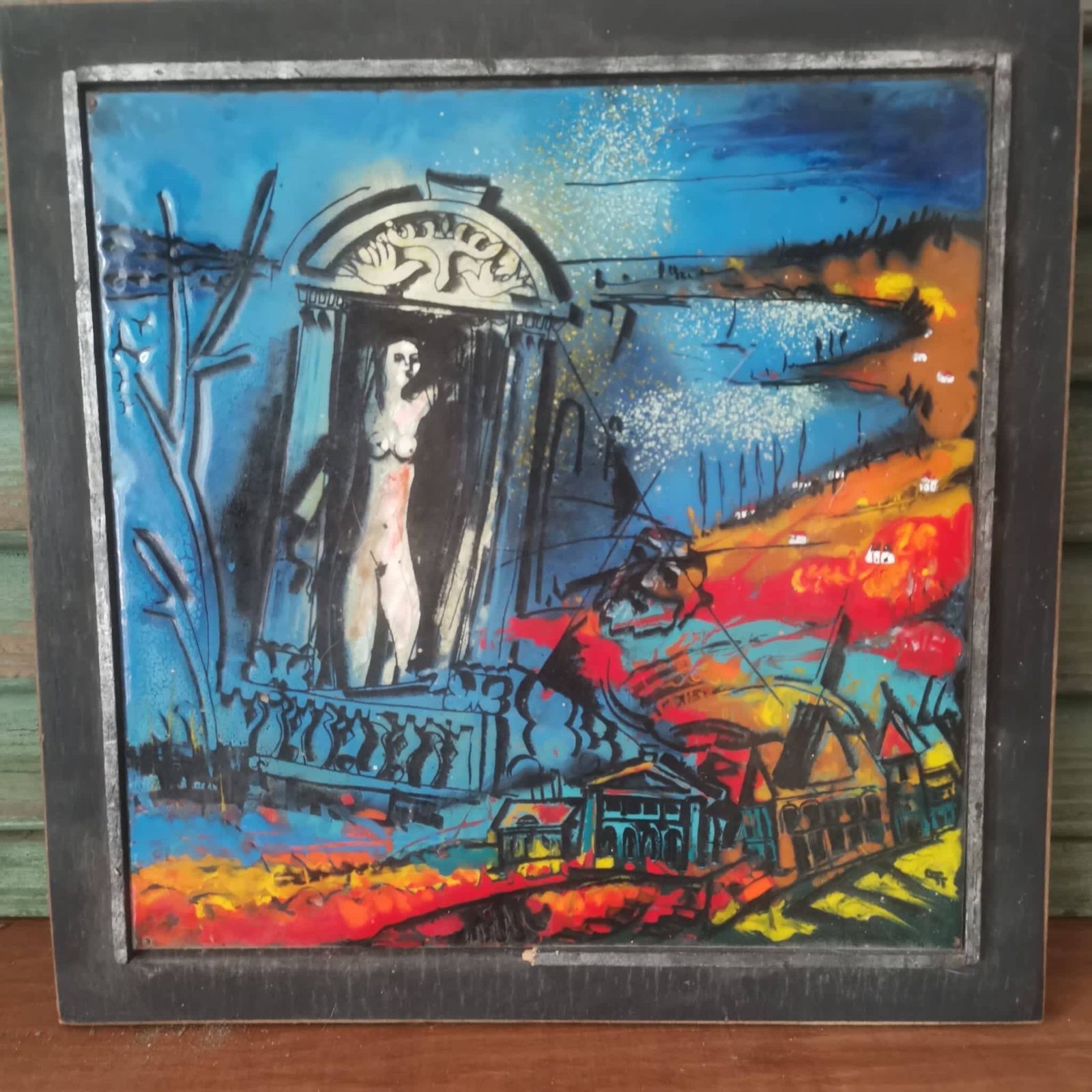 Collectible Hungarian Artist Cs Uhrin Tibor Painting On Tile: Bold, Figurative, In Vivid Oranges And Blues   Stunning Artwork photo Art