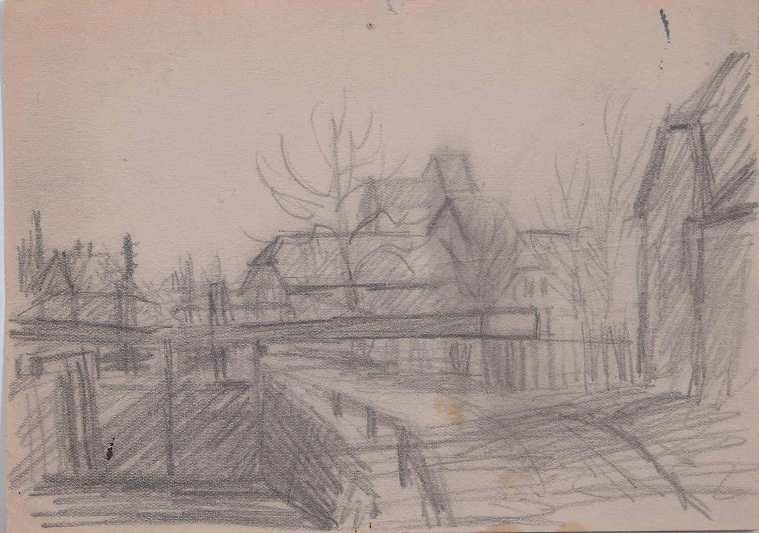 View Of The Village Church, Pencil Sketch By George Bissill