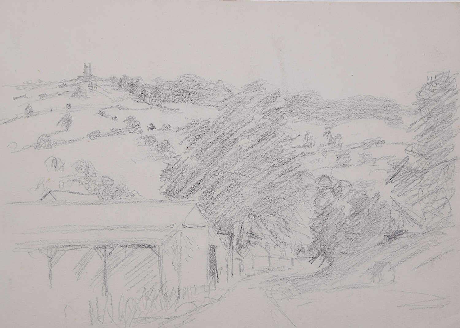 Landscape View With Barn And Church, Devon, Pencil Sketch By George Bissill