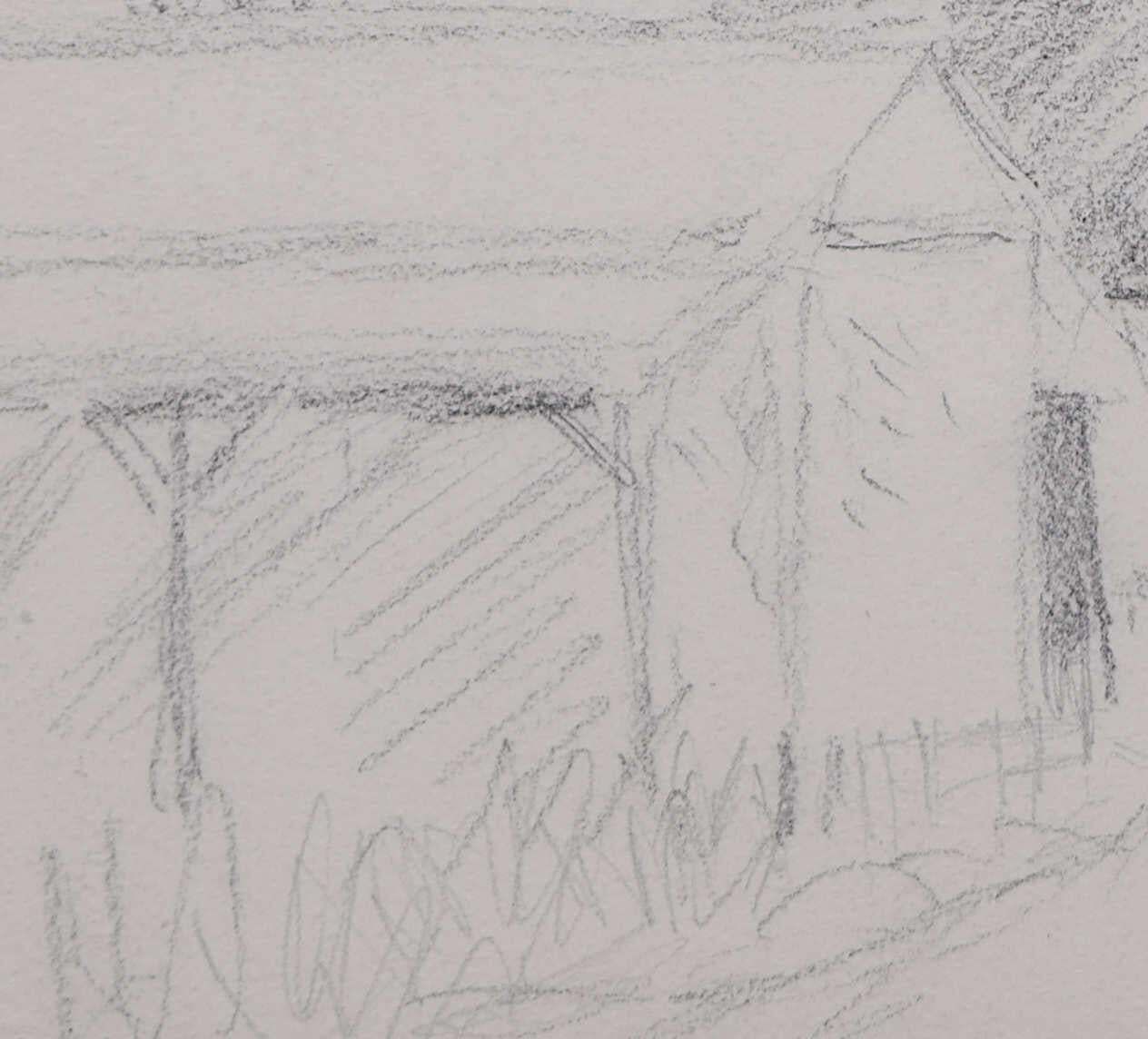 Landscape View With Barn And Church, Devon, Pencil Sketch By George Bissill photo for sale