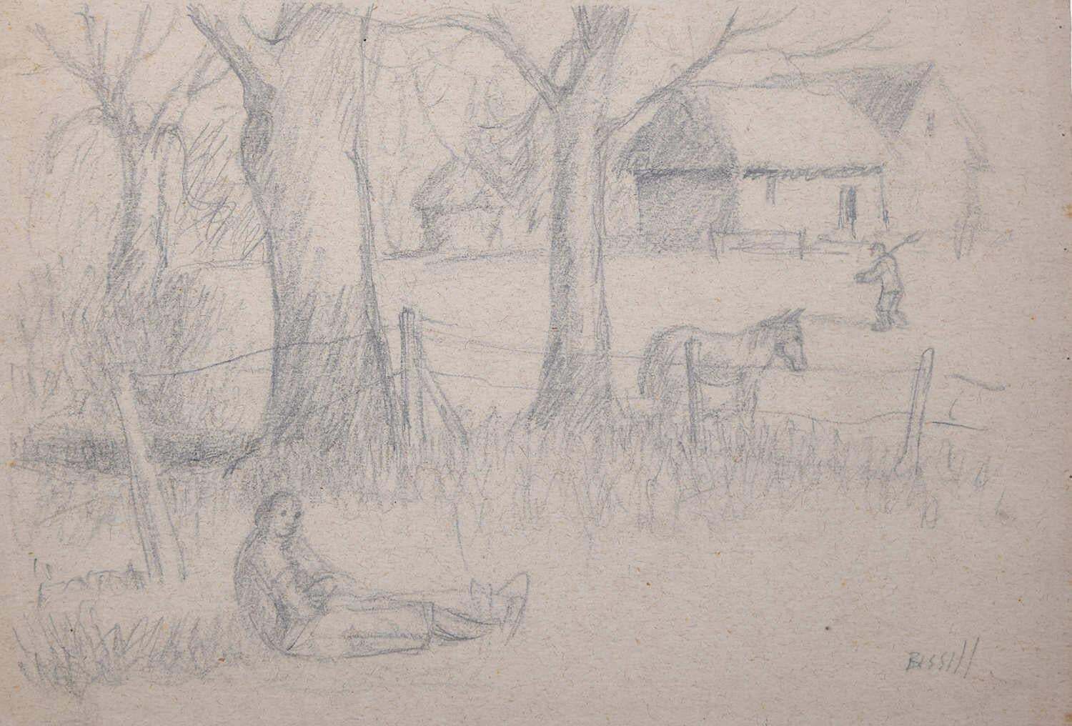 A Moment Of Rest, Pencil Sketch By George Bissill