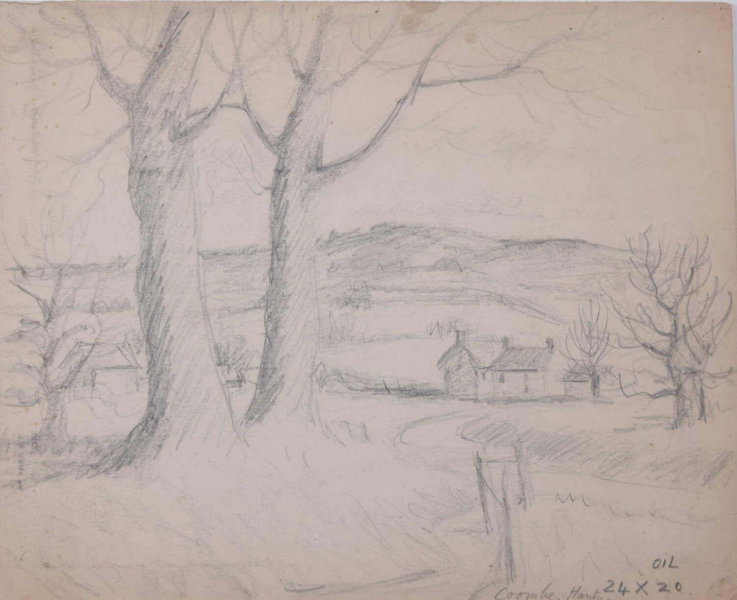 Study For Oil Painting Of Coombe, Hampshire, Pencil Sketch By George Bissill