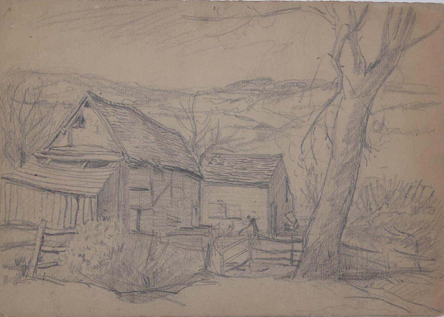 Farmhouse View, Pencil Sketch By George Bissill