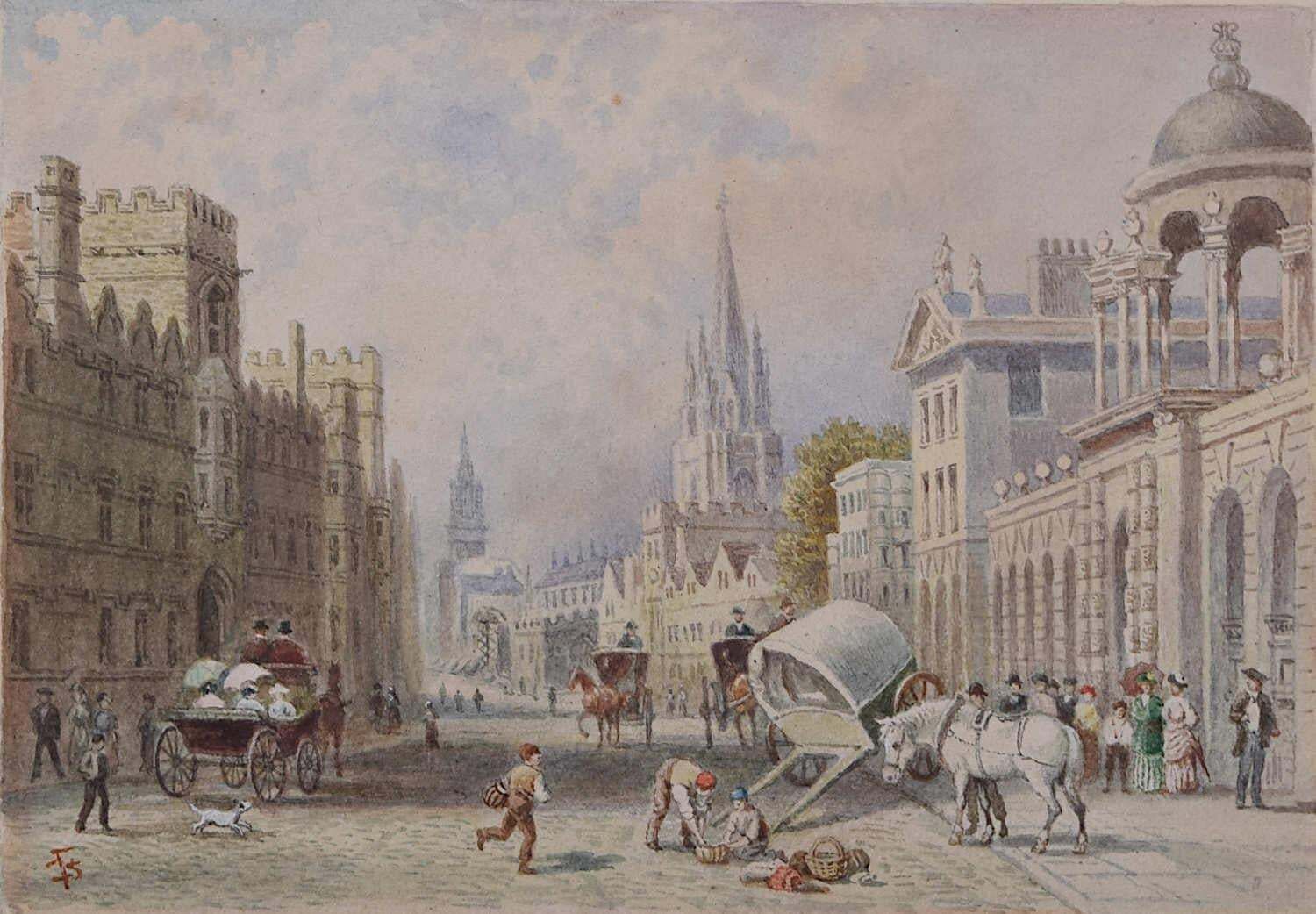 Queen's College And The High, 18th Century Oxford Watercolour Painting