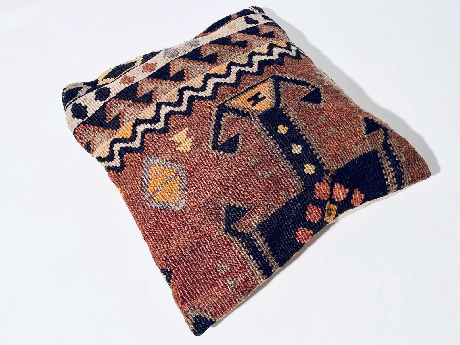 Vintage Kilim Carpet Brown Cushion Cover / 42 X 42 Cm / Handmade Boho Home Decor Turkey photo for sale