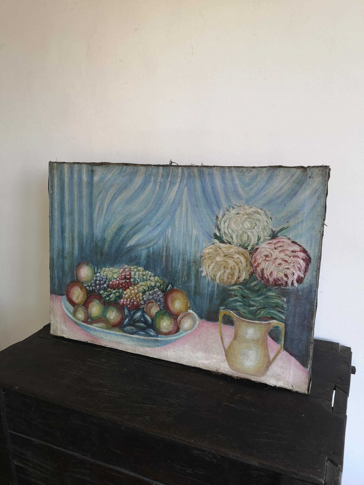 Large Oil Painting A Delightful Piece. Great Arrangement Of Flowers And Fruit Bowl On Canvas Still Life C1950s Hungarian Rustic Decor Muted photo for sale