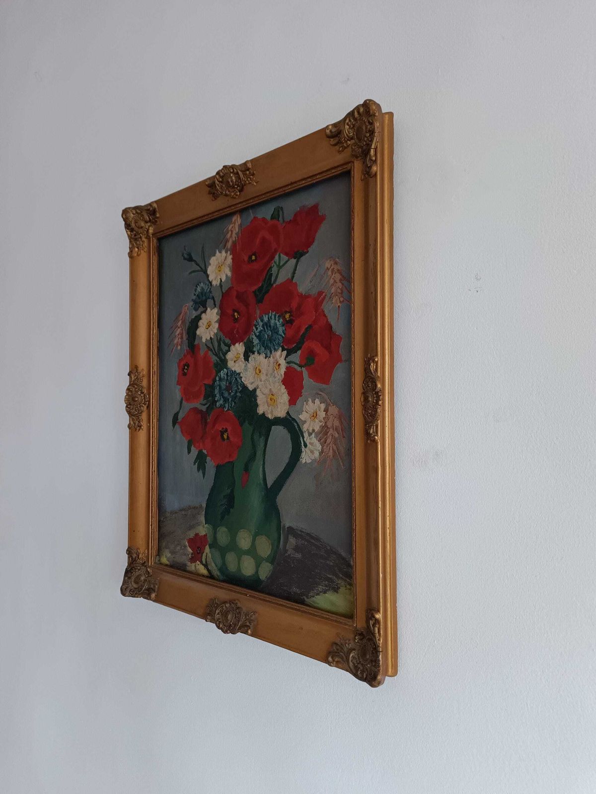 Acrylic Painting A Delightful Piece. Vivid Arrangement Of Colourful Flowers On Canvas C1920s Signed Hungarian With Gold Rocco Frame photo vintage