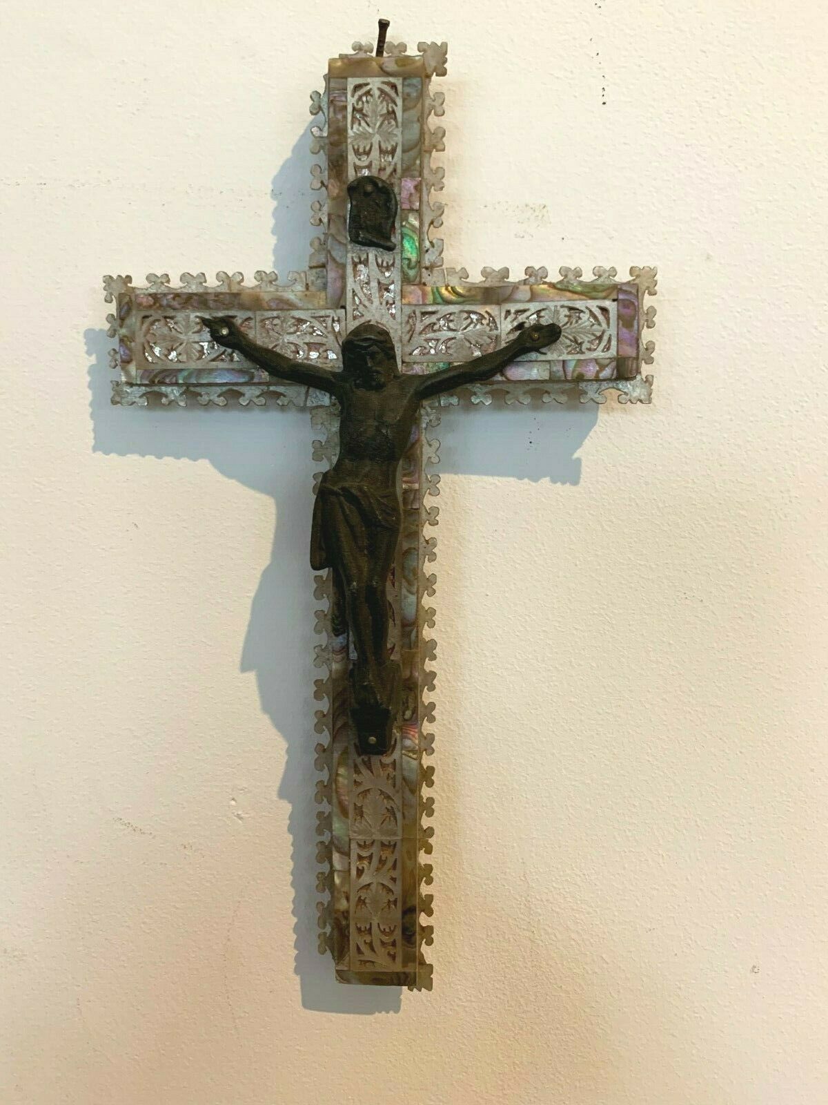 Crucifix In Regulates And Mother Of Pearl Marquetry Object Of Worship 20th Century