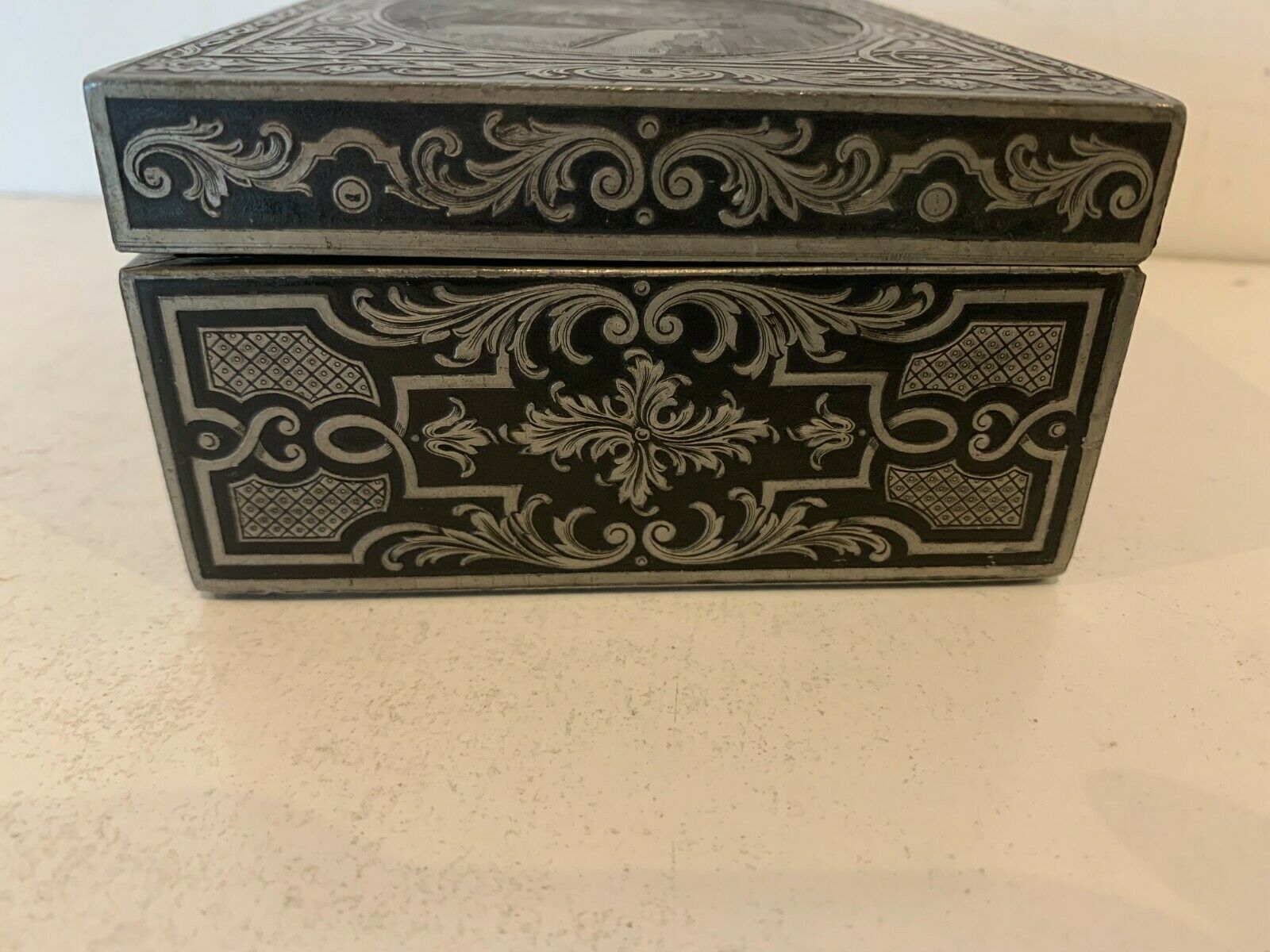 19th Century Engraved Pewter Jewelry Box photo 340.3
