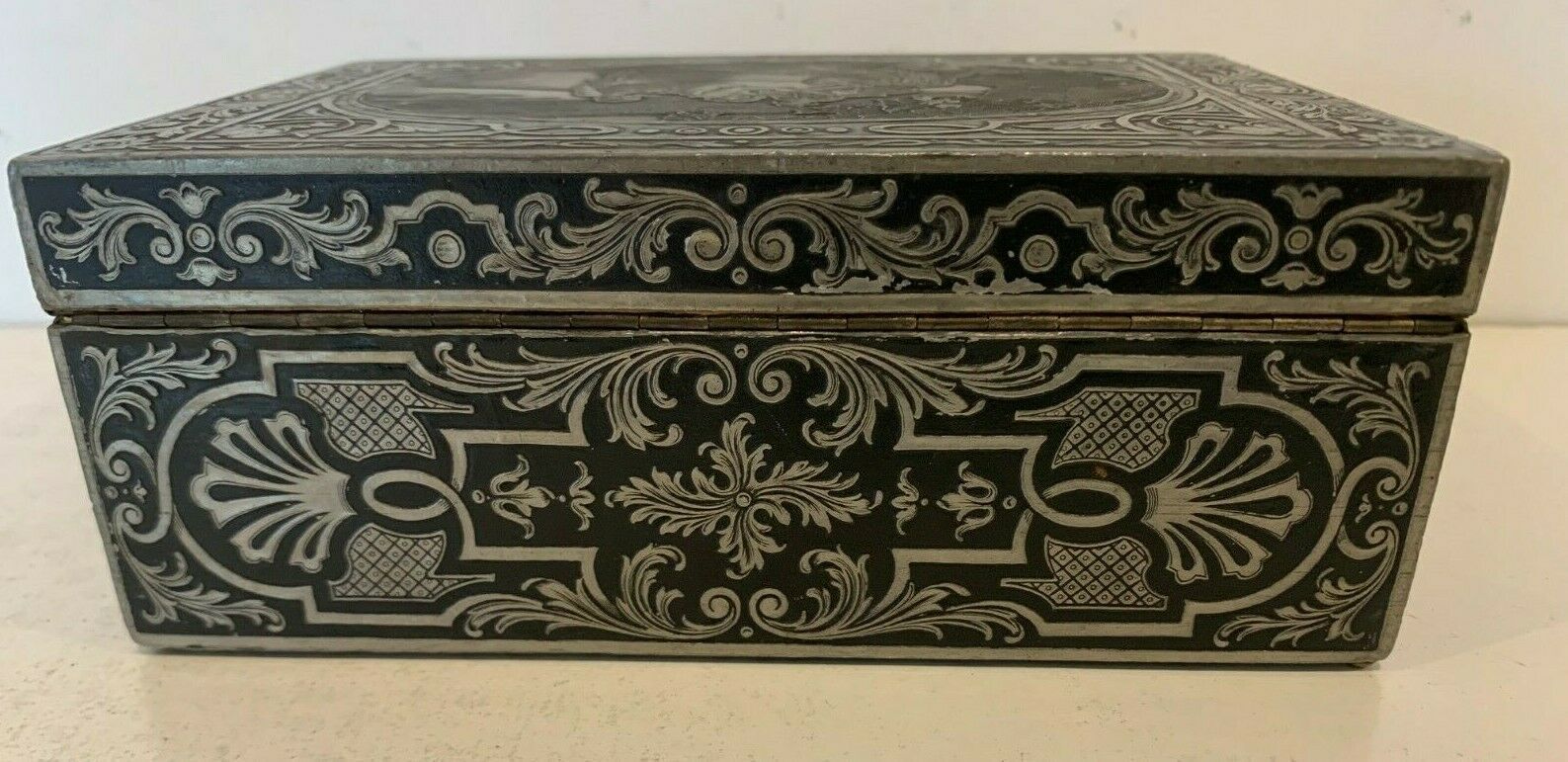 19th Century Engraved Pewter Jewelry Box photo vinterior