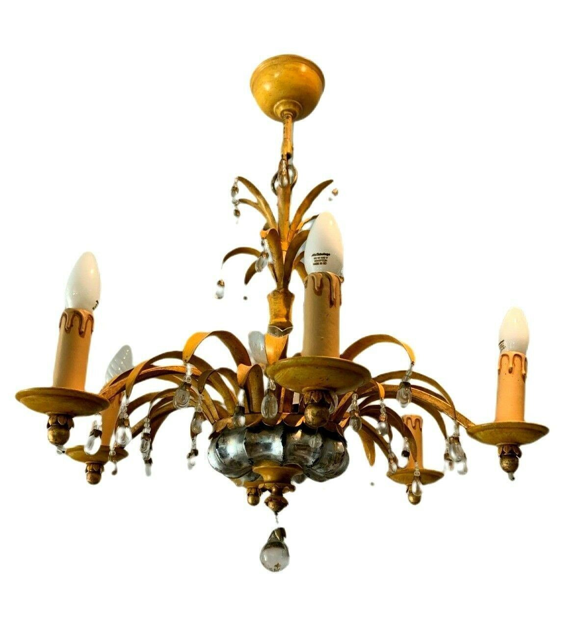 Chandelier In Glass And Patinated Sheet Six Sconces XX Century