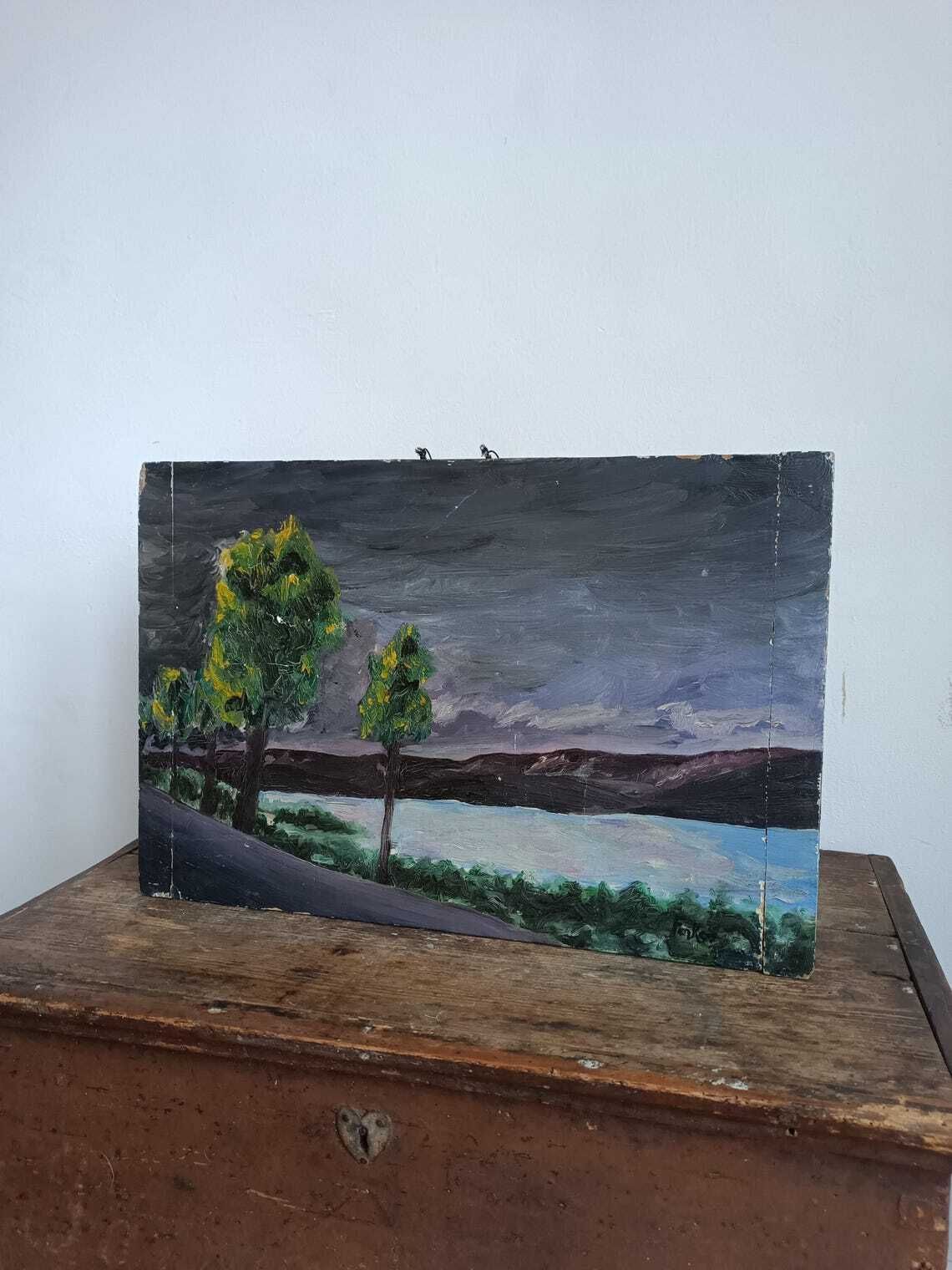 Res Antique Hungarian Forest Painting   Timeless Homestead Art Of Trees At Dusk. Canvas Shabby Talented Artist. Collectible. Atmospheric photo furniture