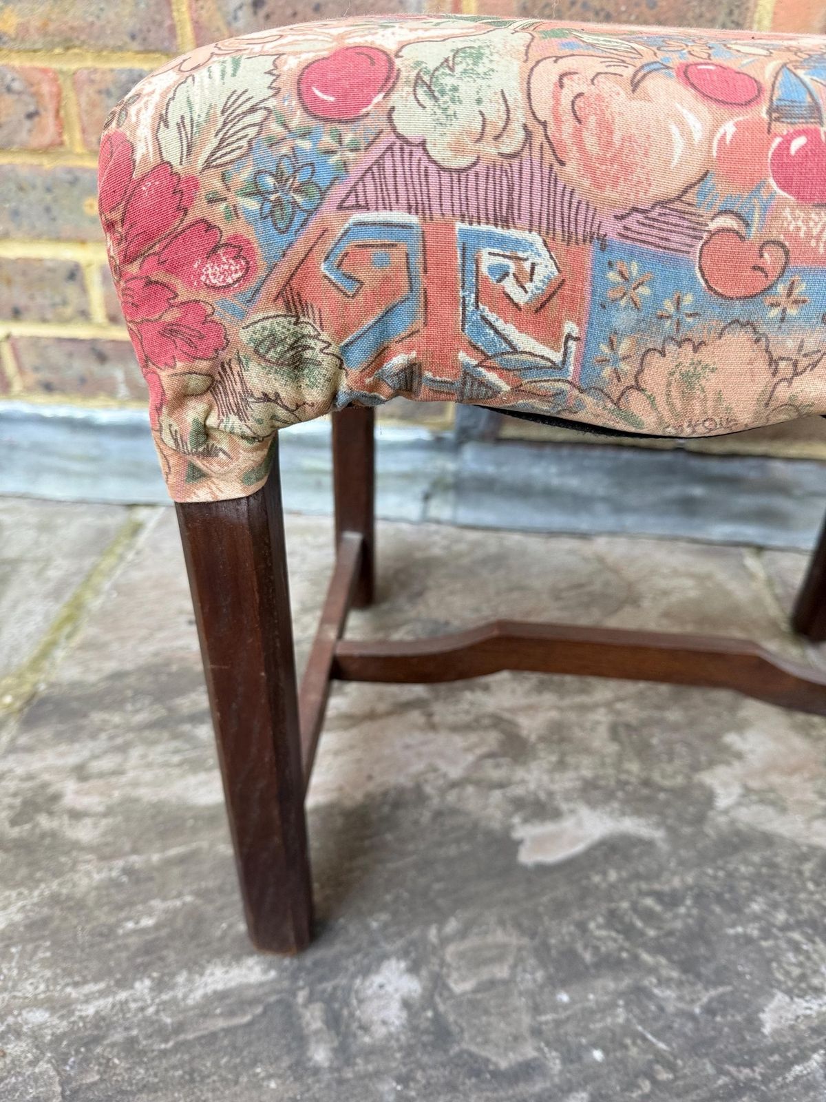 Mid Century Wooden Stool With A 1980s Fabric Seat, Retro Stool, 1950s Stool, Wooden Stool, Wood Stool, Upholstered Stool photo furniture