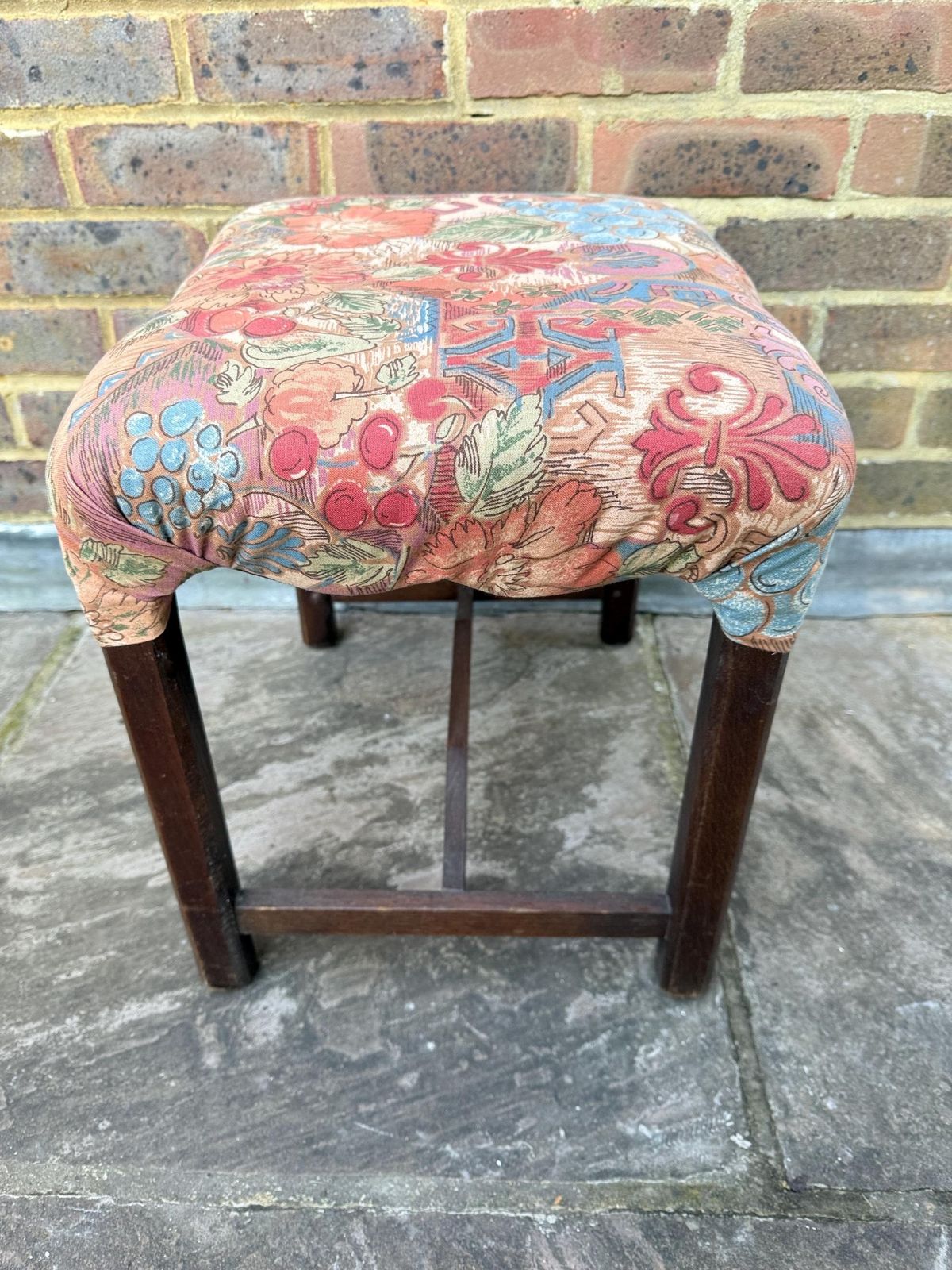Mid Century Wooden Stool With A 1980s Fabric Seat, Retro Stool, 1950s Stool, Wooden Stool, Wood Stool, Upholstered Stool photo Furniture