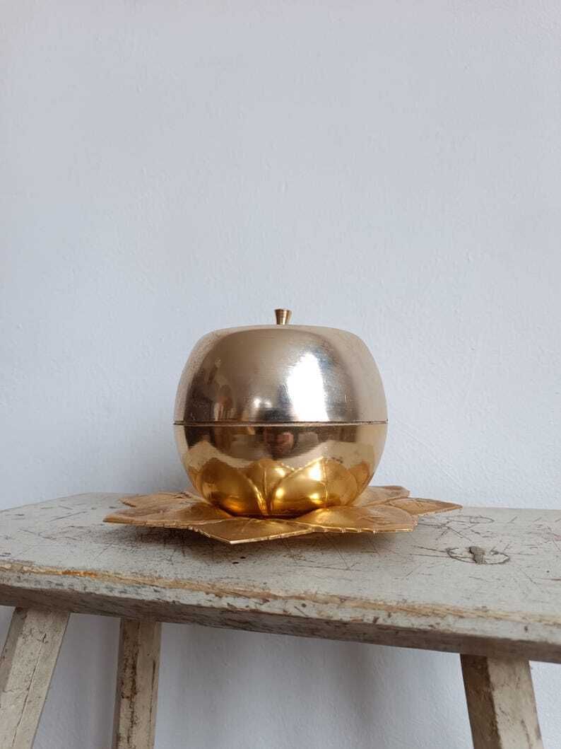 Delightful Aluminum Gold Anodized Vintage Apple Shot Glass Server 1940's Bar Decor, Collectible, Toast Cheer, Celebrate photo for sale