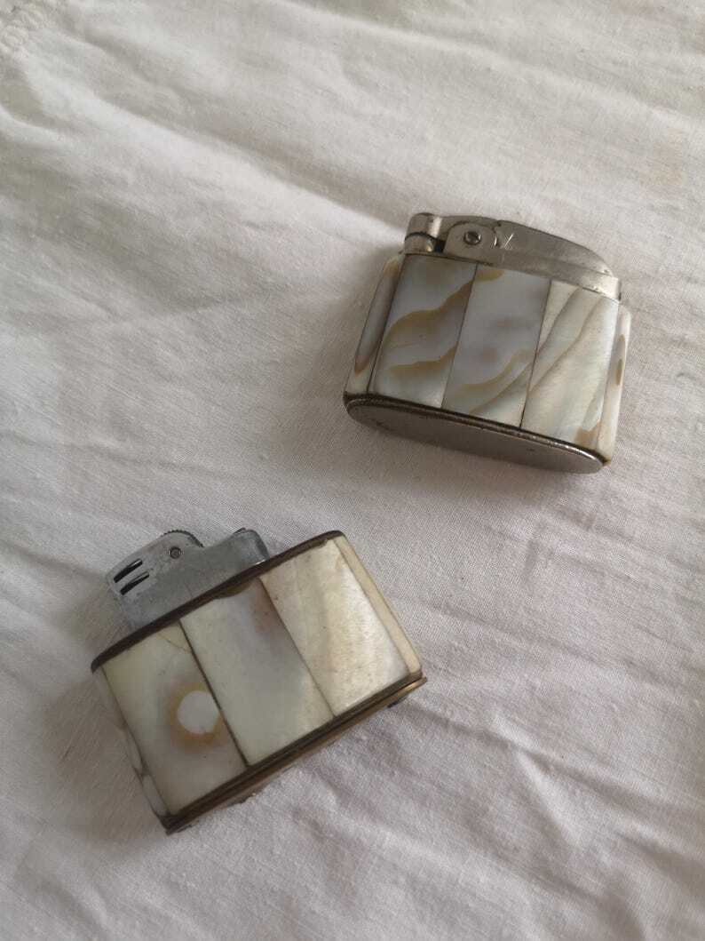 Retro Set Of 2 Oil Lighters C 1960 Mother Of Pearl Casing, Complete And Functional. Beautiful Brass With Quality Fittings A Collectors Item photo Home Decor