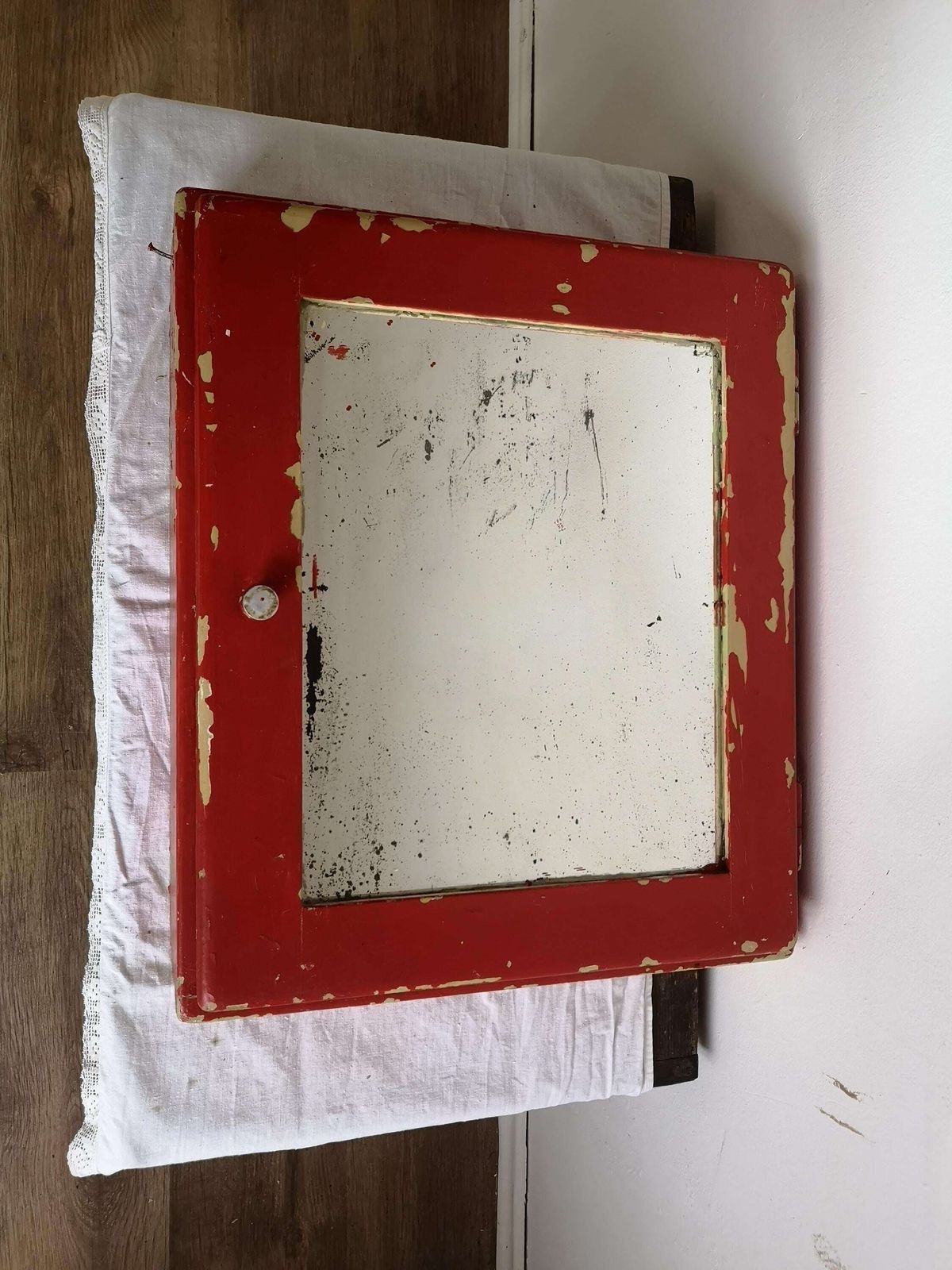 Res Washroom Cabinet Wooden Mirror Chippy White Scratch Built Wood. C1920s Hand Made Bathroom Cupboard.Display Kitchen Drinks Food Wabisabi photo vintage