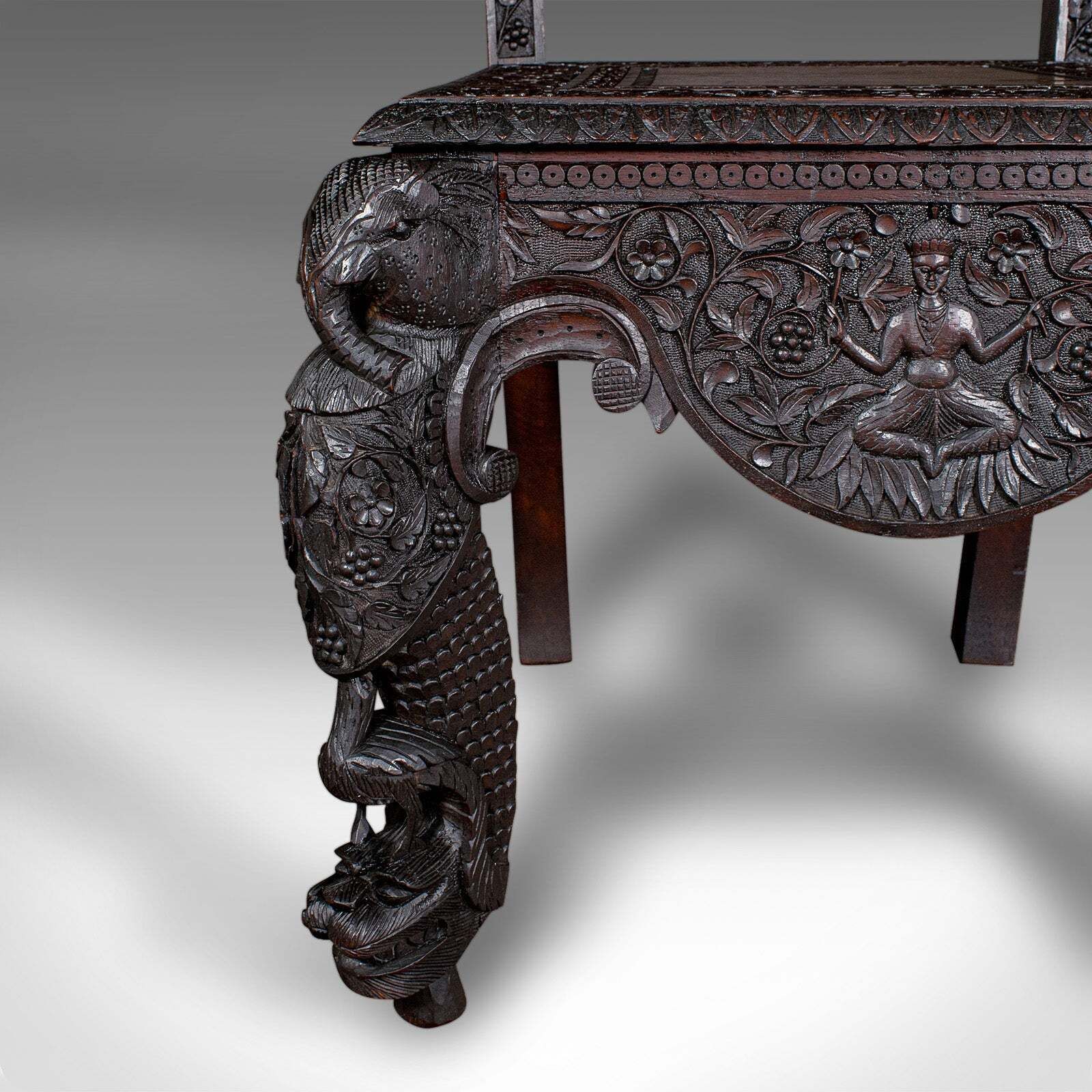 Furniture Antique Carved Veranda Chair, Ceylonese, Teak, Ornate Seat, Victorian, C.1880 photo