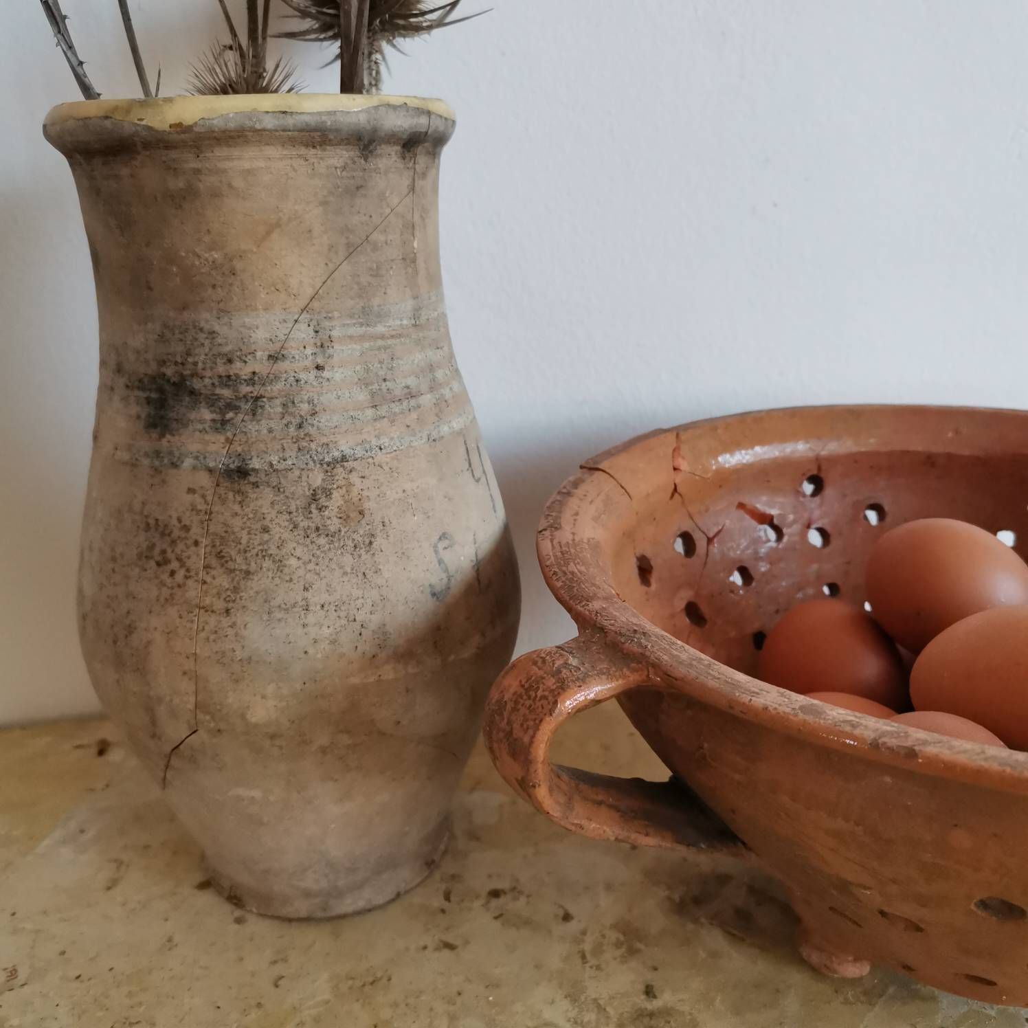 Set Of 2 Broken Terracotta Earthenware Hungarian Vintage Clay Handmade Pottery Jug And Colander Water Wine Flowers 30 40's Pot Bowl photo vinterior
