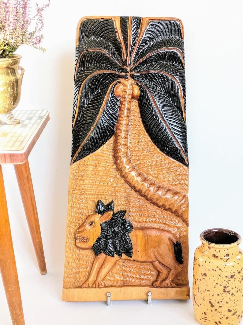 Carved Wood Plaque Lion & Palm Tree | Vintage African Folk Art | 1970's photo furniture