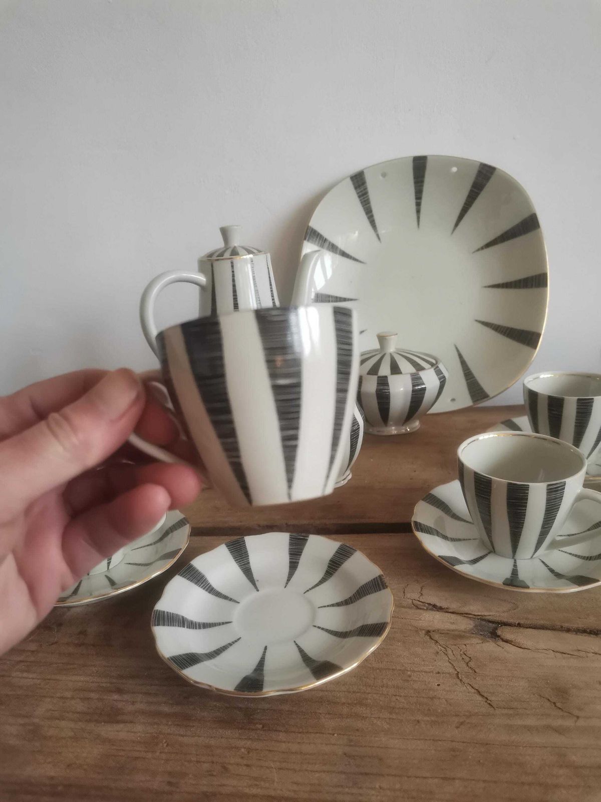 Coffee Set Pots, Jugs, Bowl, Plate Rare Gold Rimmed Coffee Tea Cups Set Fine Porcelain, Collection Multi Set Black White 60s Kave Cafe photo for sale