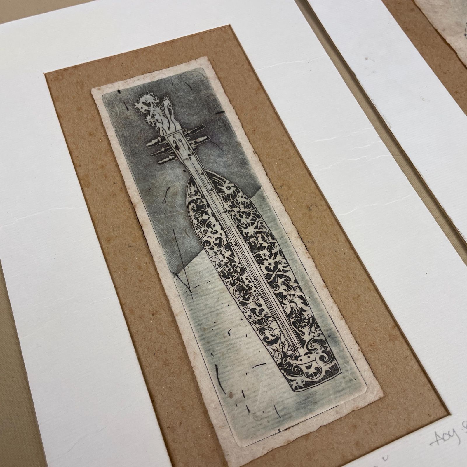 Original Etching Hand Printed Art Borneo Shield & Sape Instrument Ceremonial Small Unframed Mounted Wall Artwork Limited photo 97.0