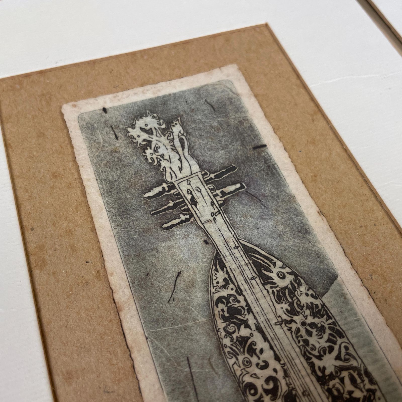 photo furniture Original Etching Hand Printed Art Borneo Shield & Sape Instrument Ceremonial Small Unframed Mounted Wall Artwork Limited