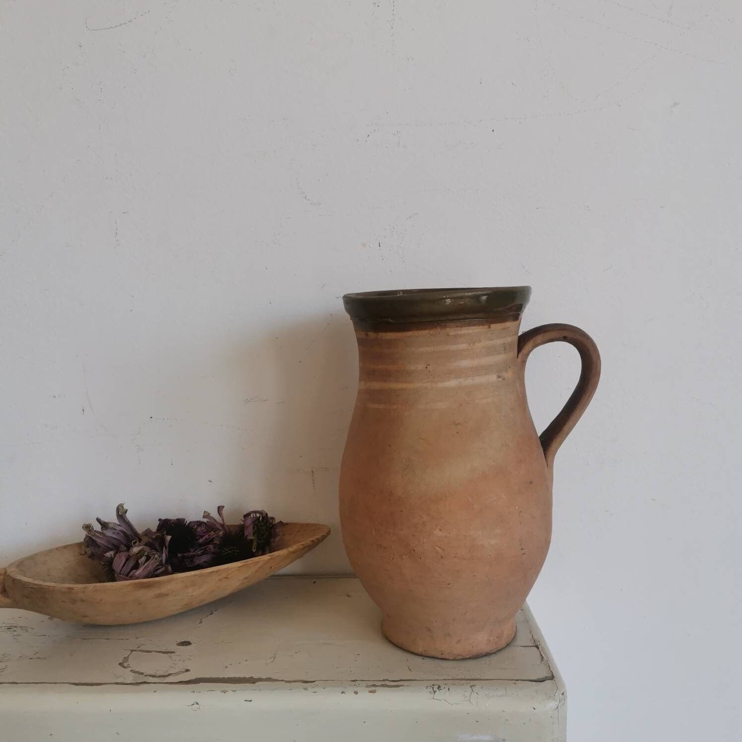 Hungarian Vintage Terracotta Earthenware Clay Handmade Pottery Jug Bottle Water Wine Oil Slipglaze 30 40's, Pot, Flask, Drink Cup Vase Decor