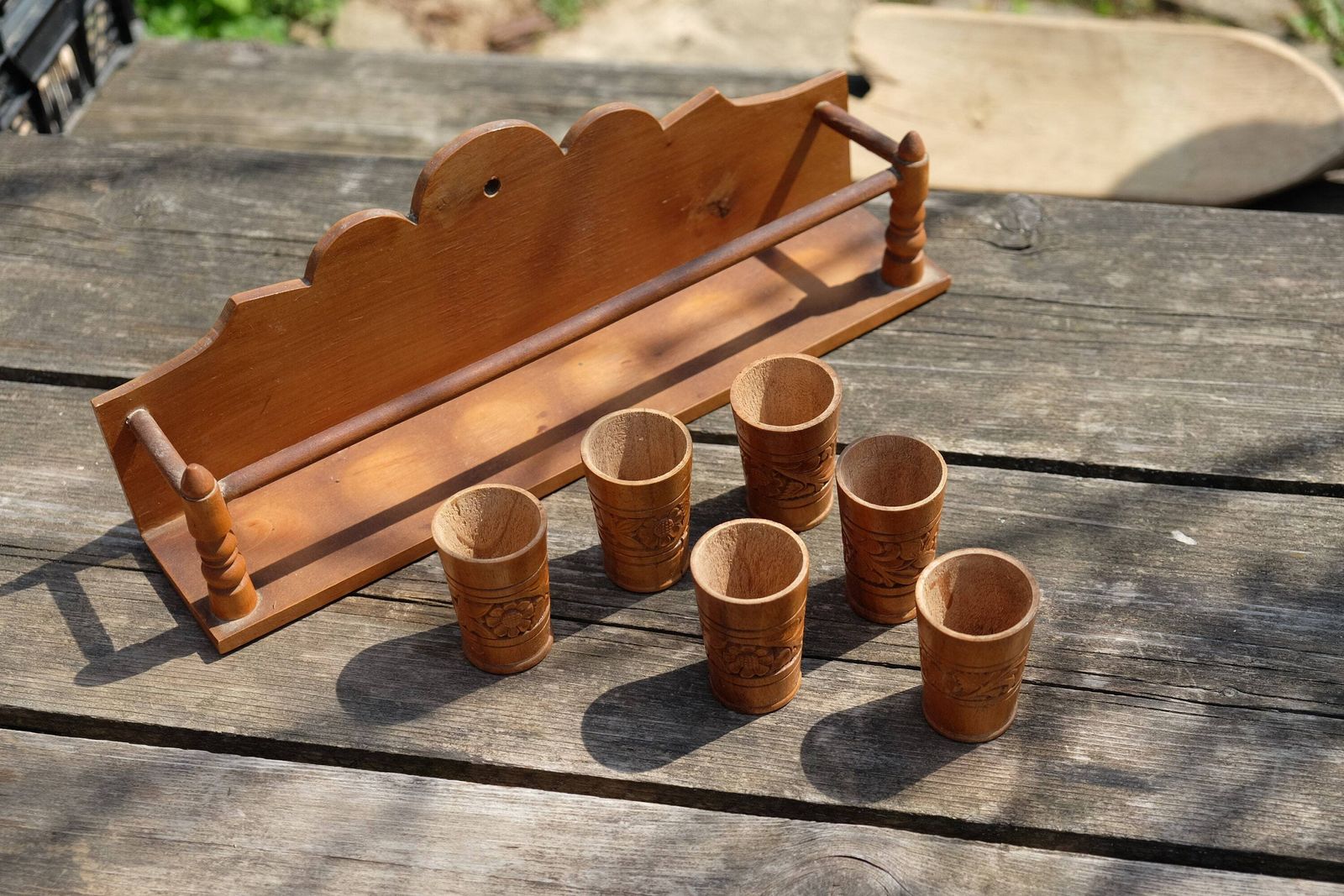 Egg Or Shot Cup Rack Hand Made Wooden Jar, Herbs, Spices Rack Storage Shelf, Hand Carved Floral Art, Hungarian Folk Art, Kitchen Decor X 6 photo for sale