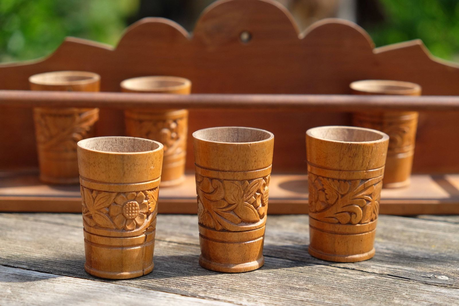Egg Or Shot Cup Rack Hand Made Wooden Jar, Herbs, Spices Rack Storage Shelf, Hand Carved Floral Art, Hungarian Folk Art, Kitchen Decor X 6 photo 50.0