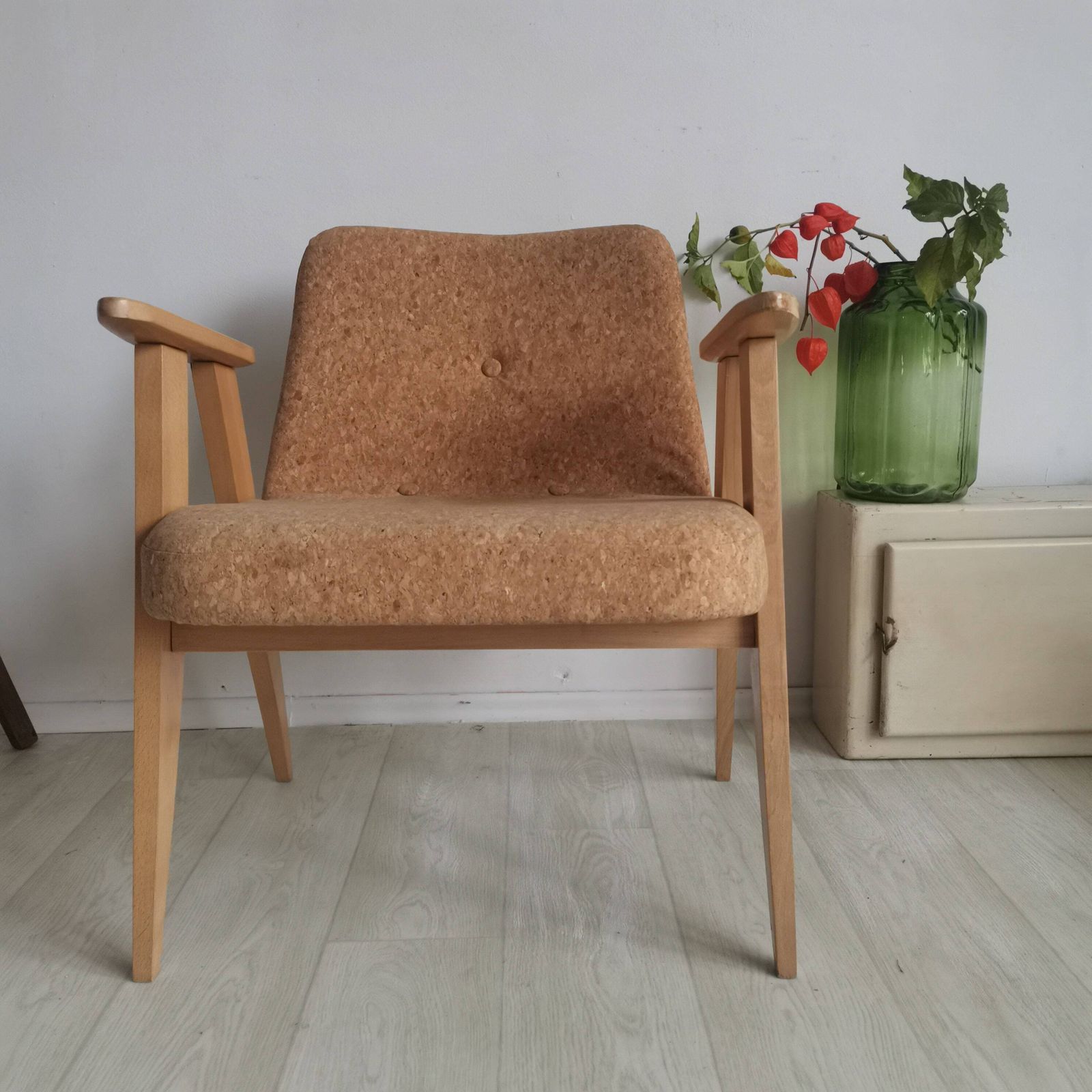 Original 366 Easy Polish Mid Century Dining Chair By Józef Chierowski Vintage Iconic Seating. Office Study Listening Chair Cork Upholstery photo buy