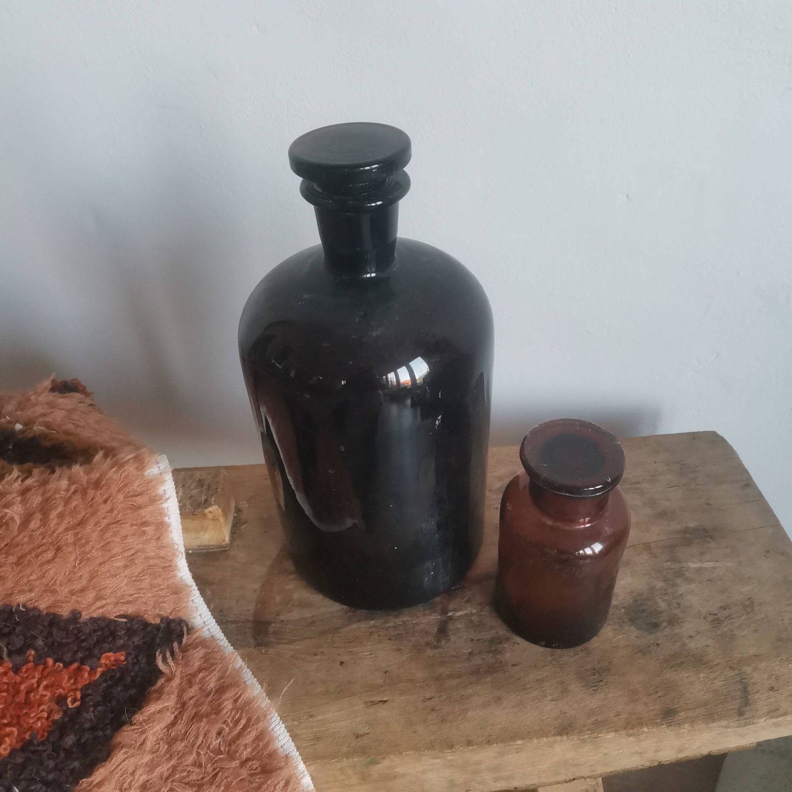 Set Of 2 Apothecary Glass Brown Bottles   Instant Collection Herbal Medicine, Chemical Pharmaceutical Laboratory, Jar Or Vase photo for sale