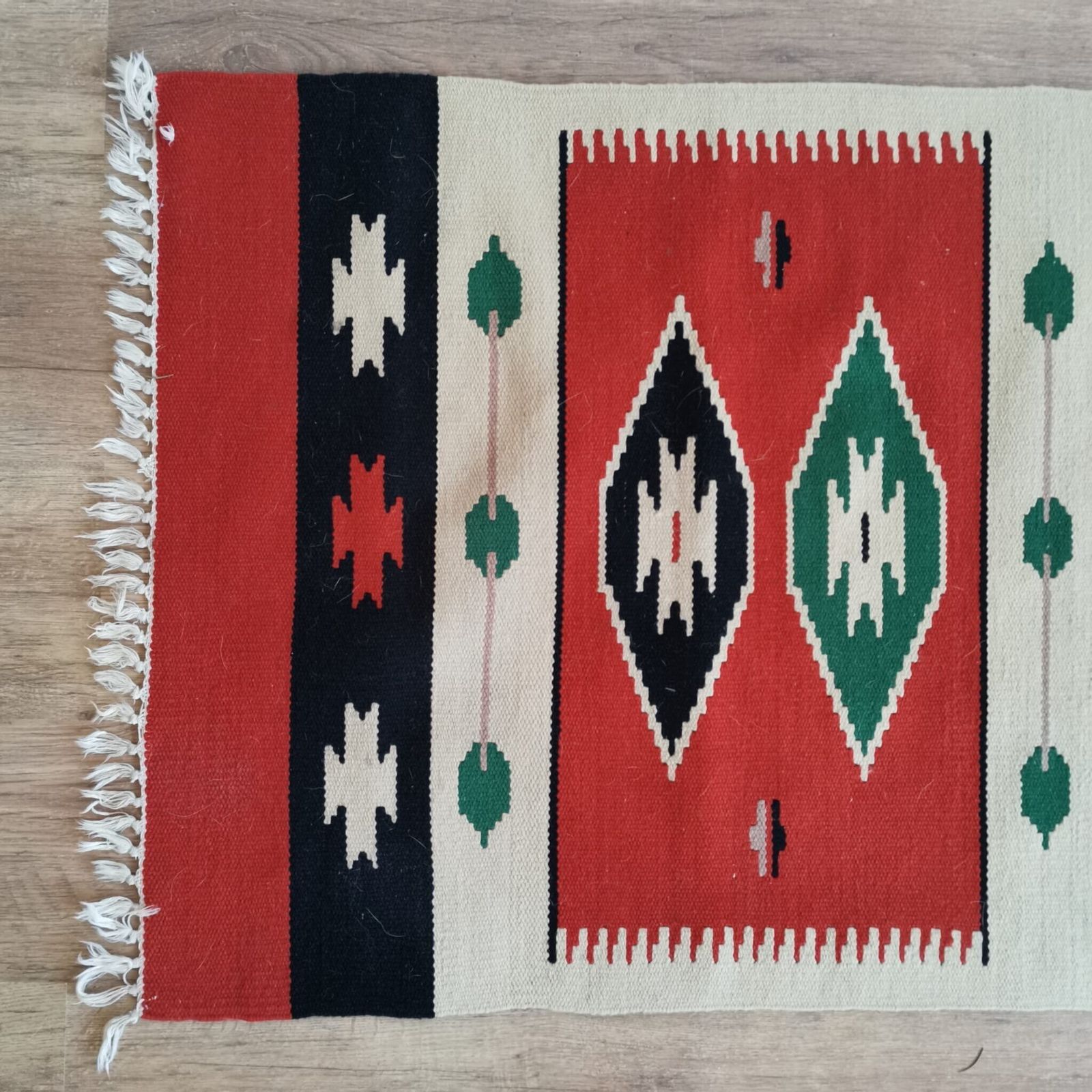 Wall Hanging Turkish Styled Hand Weaved Kiln 60's Wall Fabric. Vintage Bold Bright Home Decor, Bold Colours, Cream, Red, Green, Black photo buy
