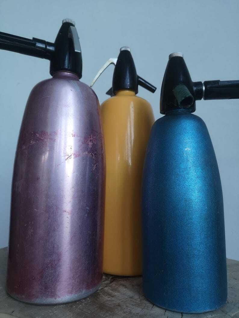 Bold Bright Seltzer Soda Bottles X 3 Rainbow Collection Blue, Pink, Yellow, Bar Kitchen Equipment Decor Siphon, Hungarian photo 73.0
