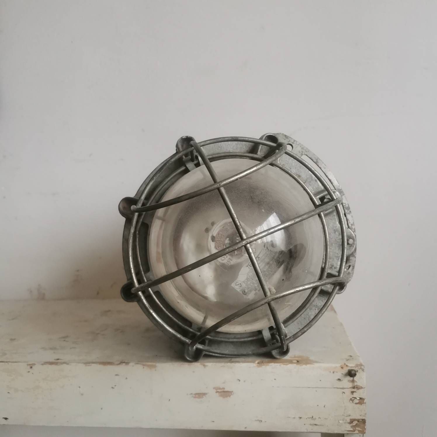 Lighting Large Vintage Bulkhead, Loft, Factory, Industrial Light Fixture. Heavy Cast Shatter Proof Kitchen Lighting Statement Piece Chrome Steel photo