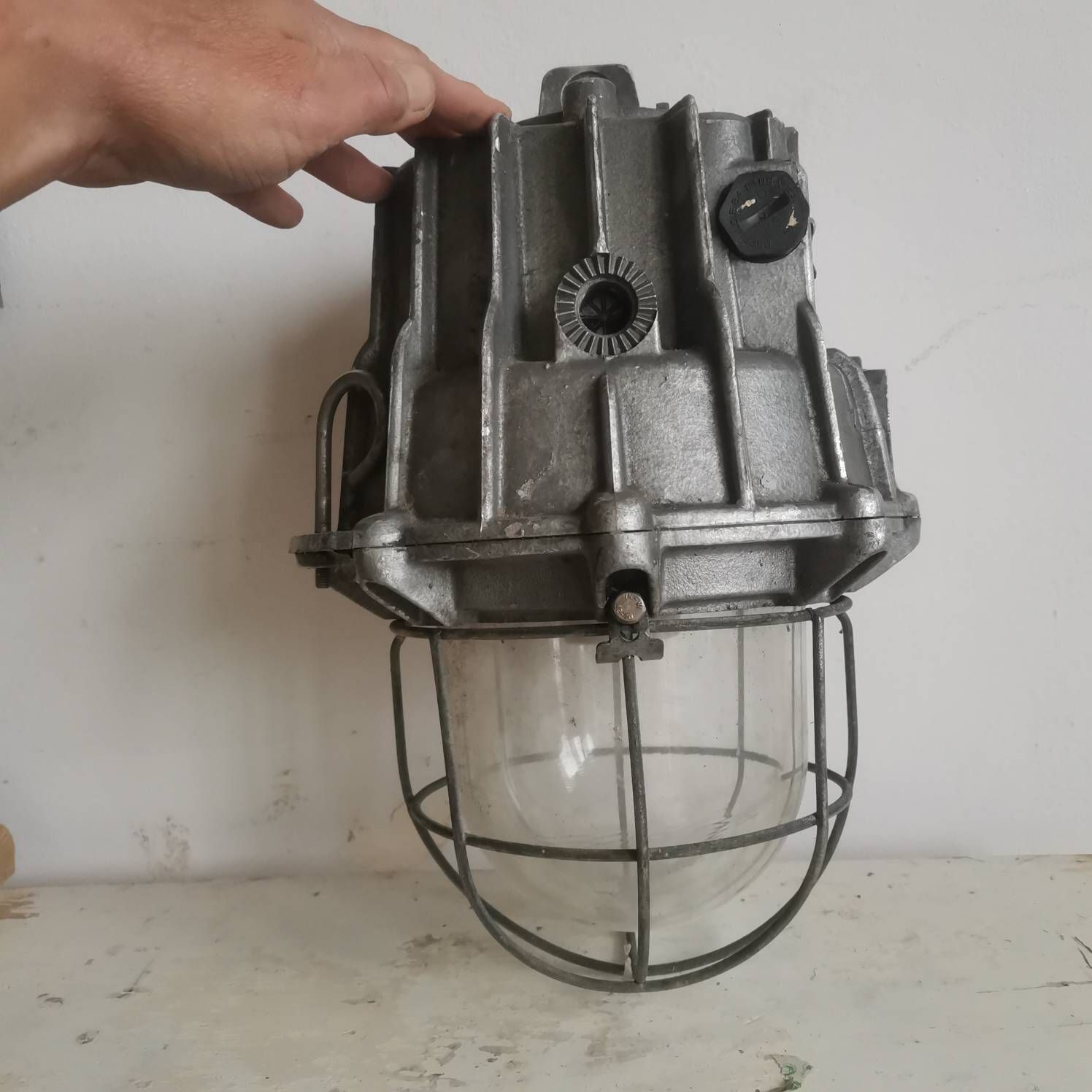 photo vintage Large Vintage Bulkhead, Loft, Factory, Industrial Light Fixture. Heavy Cast Shatter Proof Kitchen Lighting Statement Piece Chrome Steel