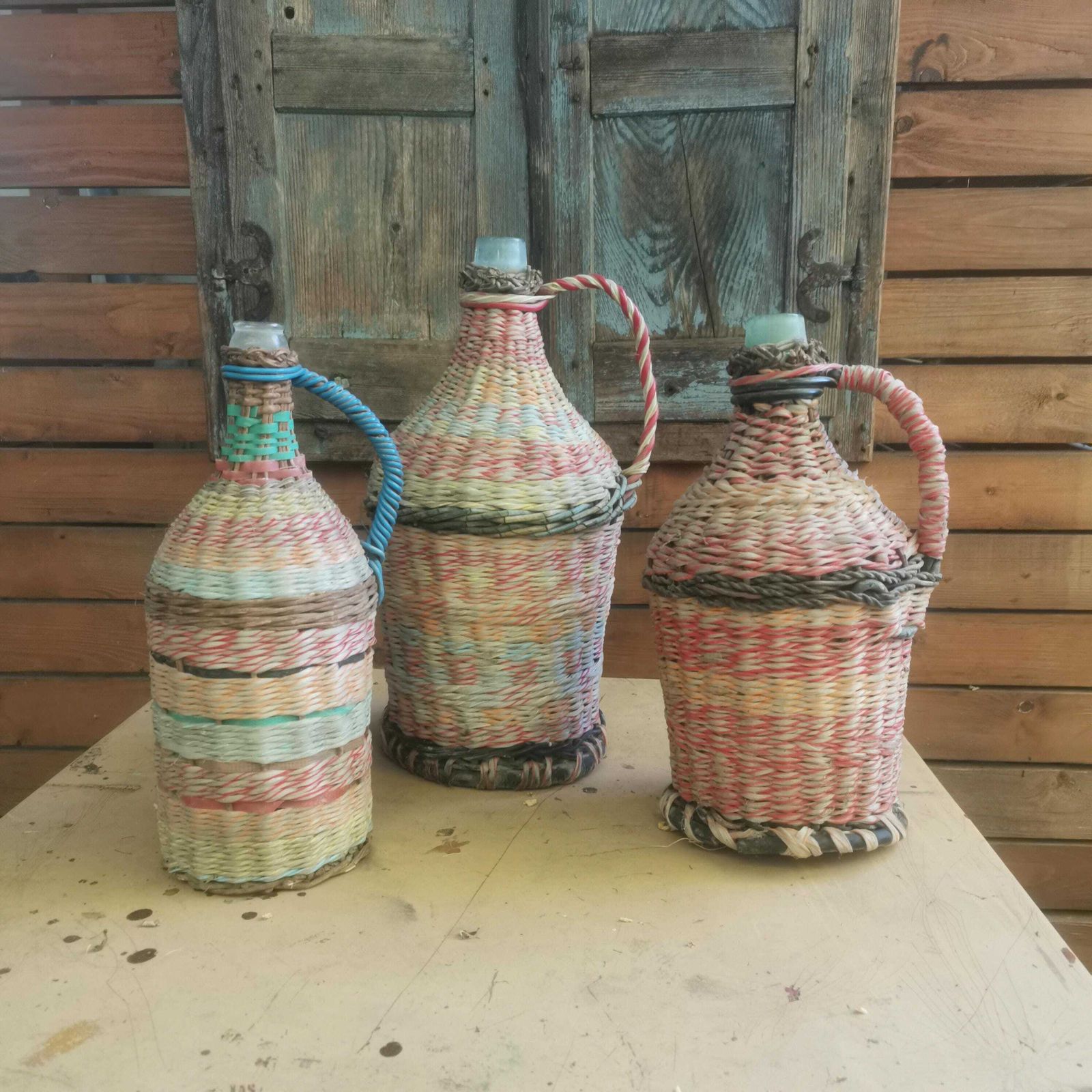 Brighten The Home Set Of 3 Weaved Wicker Bottles Colorful. Old Retro Plastic Decorated Pop Bottle Cafe Kitchen Decor Eye Catching Demijohn