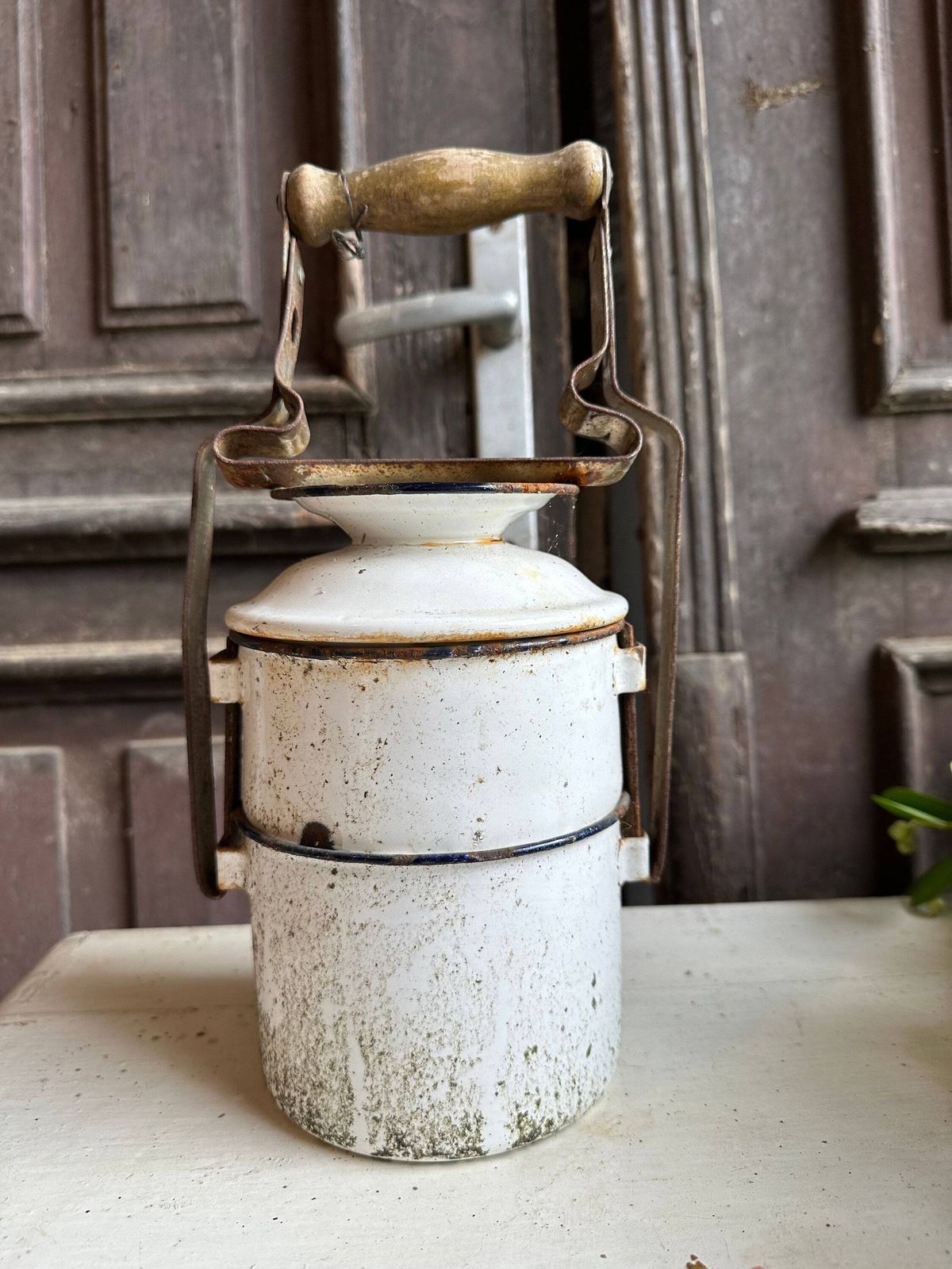 Cute Tiffin, Tin, Pan, Pots Containers Food Carry Enamel Vintage 2 Pots Bowls Picnic Travel Hungarian 1950s Packed Lunch Box Vintage Kitchen photo for sale