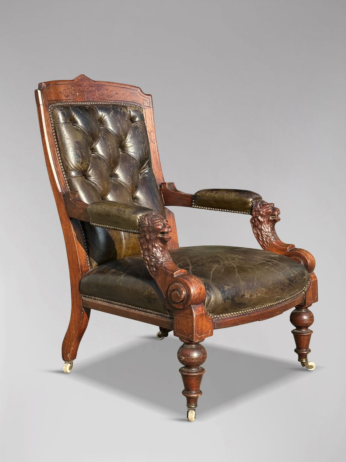 19th Century Arts & Crafts Carved Walnut Leather Library Armchair photo Furniture